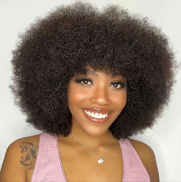 Natural Brazilian Human Hair Afro Kinky Curly Wig with Bangs - Picture 8 of 8